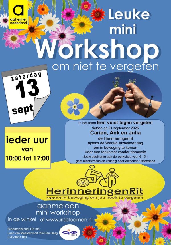 Workshop<br>zaterdag 13 september<br>van 14 tot 15.00 uur